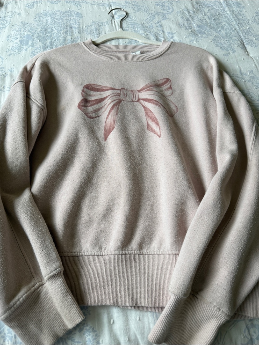 Girls Light Pink Bow Crewneck Sweater